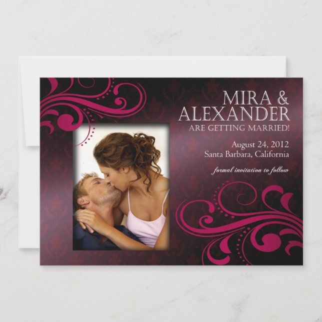 Barbizon Damask Scroll - eggplant|magenta Wedding Invitation (Front)