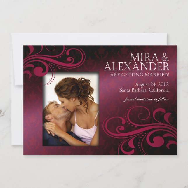 Barbizon Damask Scroll - fuschia|magenta Wedding Invitation (Front)