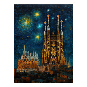 Barcelona Basilica Sagrada Família Starry Night Poster