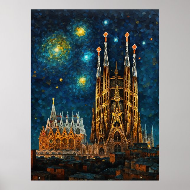 Barcelona Basilica Sagrada Família Starry Night Poster (Front)