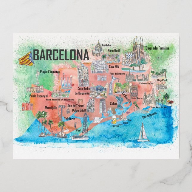Barcelona Catalonia Spain Illustrated travel Foil Holiday Postcard (Front)
