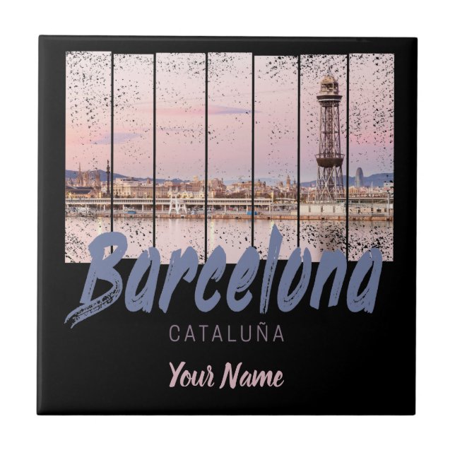 Barcelona Catalonia sunset Skyline Spain vintage Tile (Front)