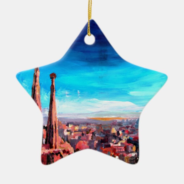 Barcelona City View And Sagrada Familia Ceramic Tree Decoration (Front)