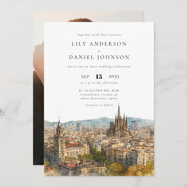 Barcelona Destination Elegant Photo Wedding Invitation (Front/Back)
