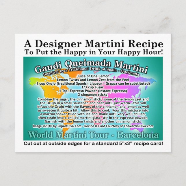 Barcelona Gaudi Queimada World Tour Martini Recipe Postcard (Front)