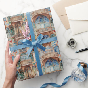 Barcelona House Architectural Detail in Windows Wrapping Paper