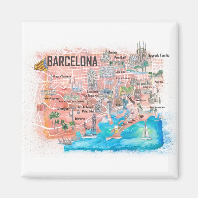 Barcelona Illustrated Travel Map with Roads Magnet (Front)