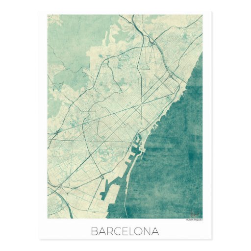 Image of Barcelona Map Blue Vintage Watercolor Postcard