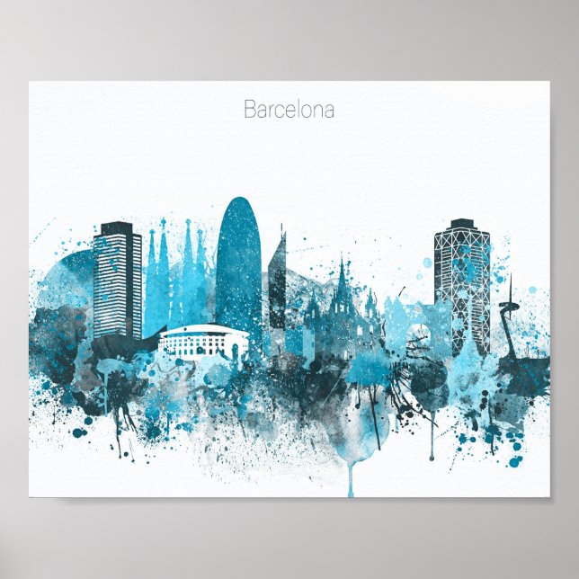 Barcelona Monochrome Blue Skyline Poster (Front)