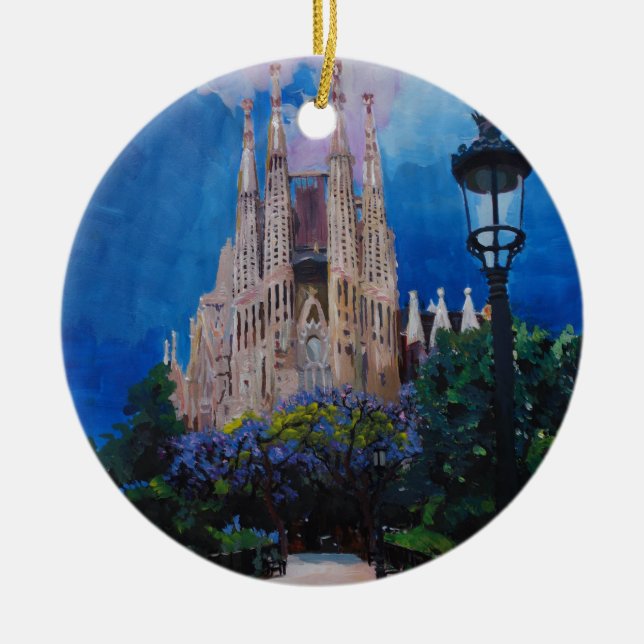 Barcelona Sagrada Familia with Park and Lantern Ceramic Tree Decoration (Front)