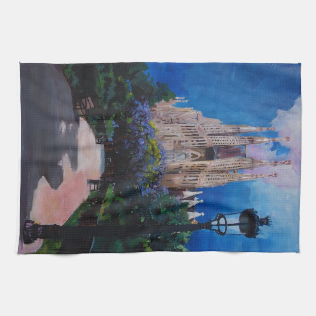 Barcelona Sagrada Familia with Park and Lantern Tea Towel (Horizontal)