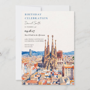 Barcelona Skyline Watercolor Birthday Invitation