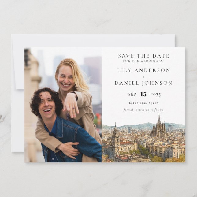 Barcelona Skyline Watercolor Photo Wedding Save The Date (Front)