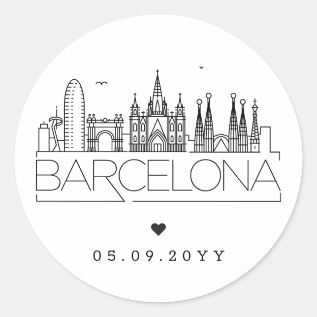Barcelona Skyline | Wedding Date Classic Round Sticker (Front)