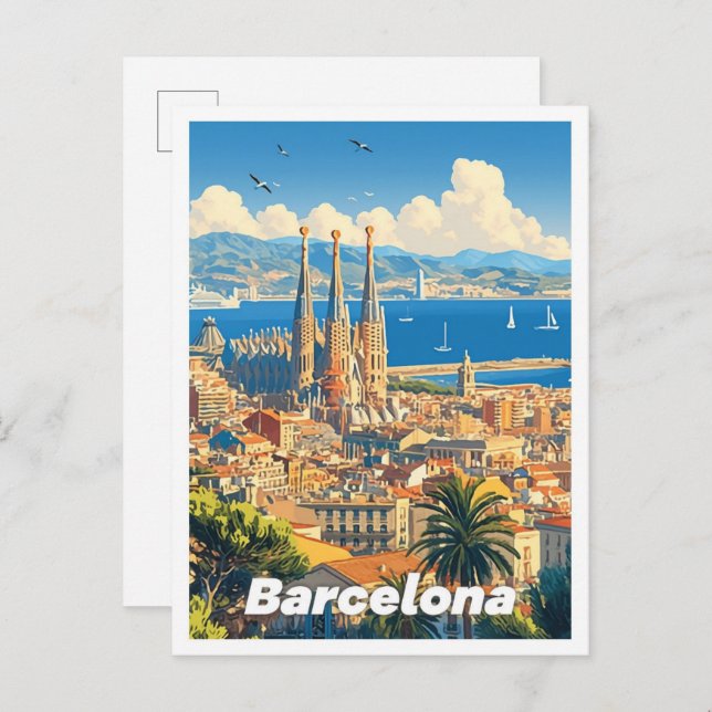Barcelona Spain Art Vintage Illustration Travel Postcard (Front/Back)