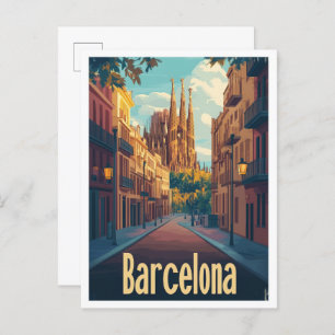 Barcelona Spain Art Vintage Travel Illustration Postcard