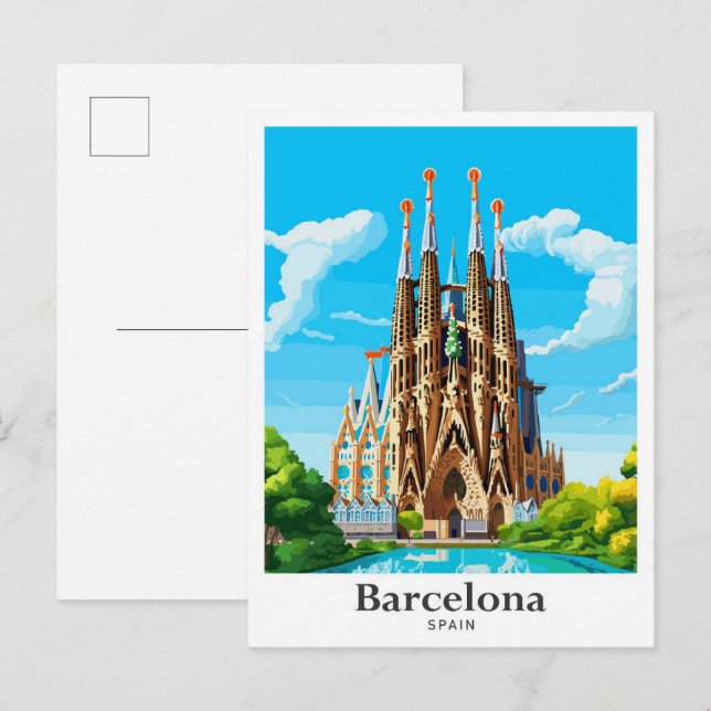 Barcelona Spain Art Vintage Travel Illustration Postcard (Front/Back)