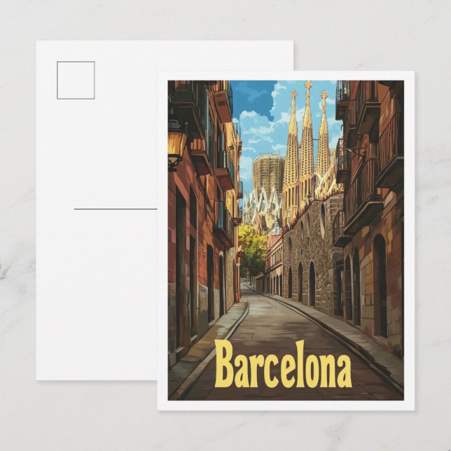Barcelona Spain Art Vintage Travel Illustration Postcard (Front/Back)