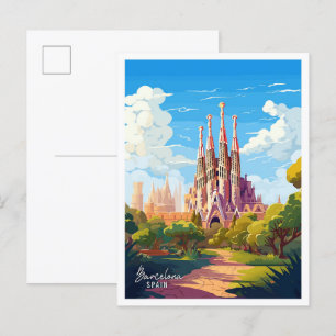 Barcelona Spain Art vintage travel illustration Postcard