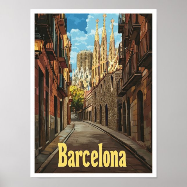 Barcelona Spain Art Vintage Travel Illustration Poster (Front)