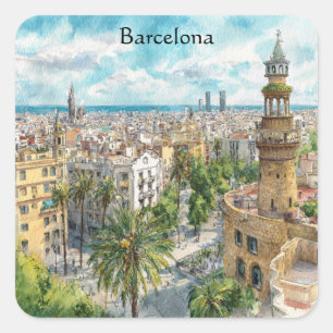 Barcelona Spain Catalonia City VIew Oil Paint Square Sticker