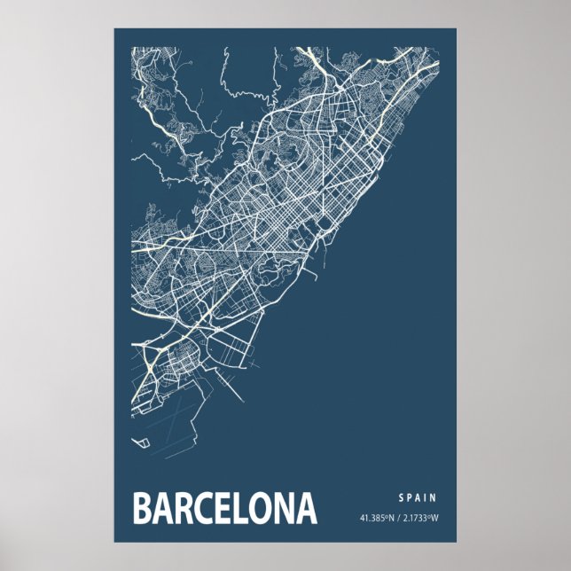 Barcelona Spain City Map Line Art Blue Print (Front)
