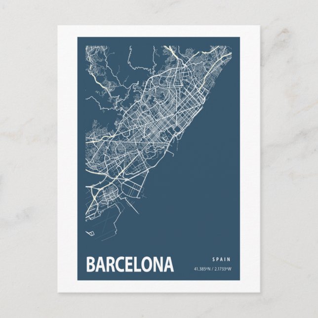 Barcelona Spain City Map Line Art Blue Print Postcard (Front)