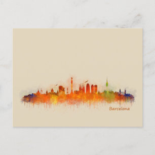 Barcelona Spain City Skyline. Watercolor Cityscape Postcard