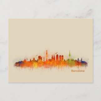 Barcelona Spain City Skyline. Watercolor Cityscape Postcard