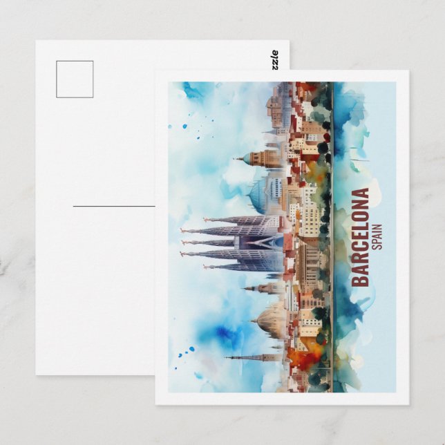 Barcelona Spain Famous Travel Place Watercolor Postcard (Front/Back)
