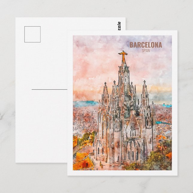 Barcelona Spain Famous Travel Watercolor Sketch Postcard (Front/Back)