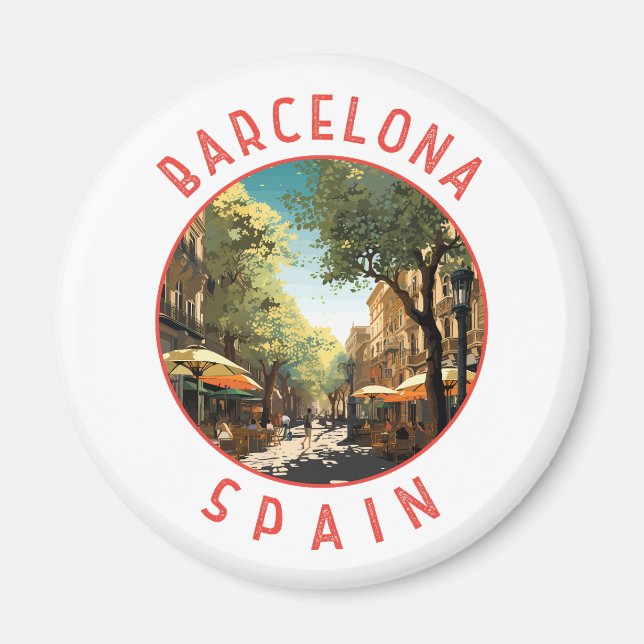 Barcelona Spain La Rambla Retro Distressed Circle Magnet (Front)