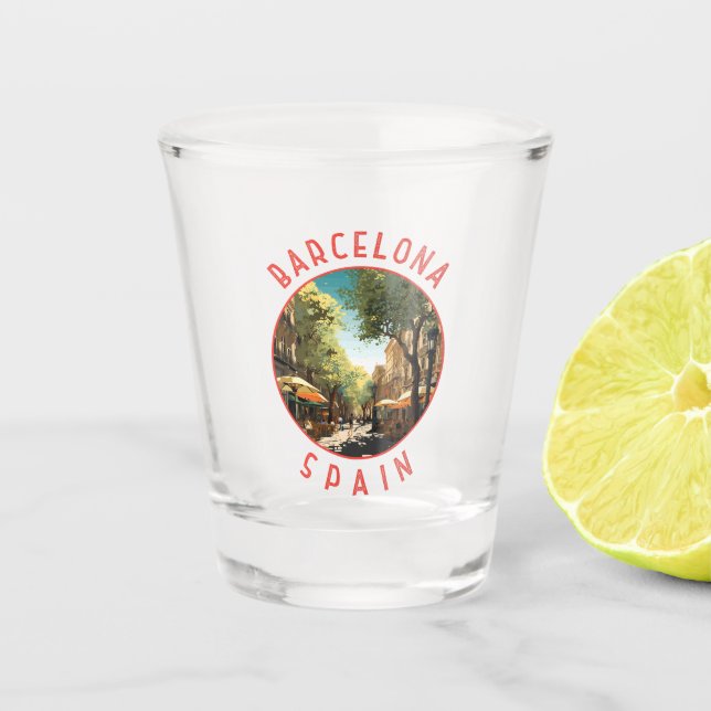 Barcelona Spain La Rambla Retro Distressed Circle Shot Glass (Front)