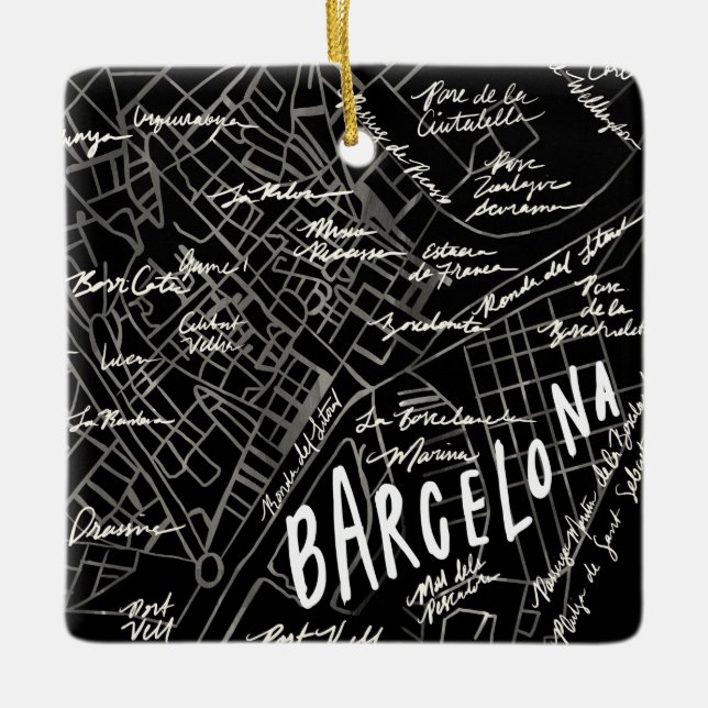 Barcelona Spain Map Ornament - Black Vintage Style (Front)