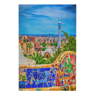 Barcelona Spain Mosaic Bench Park Guell Fine Art  Faux Canvas Print
