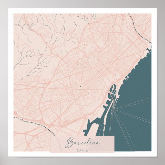 Barcelona Spain Pink and Blue Cute Script Street Poster (Front)