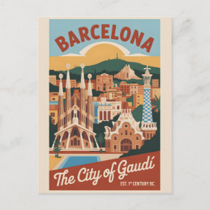 Barcelona Spain Retro Skyline Cityscape Travel Postcard