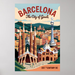 Barcelona Spain Retro Skyline Cityscape Travel Poster