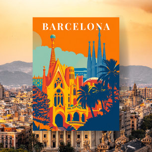 Barcelona Spain Retro Travel Illustration Postcard