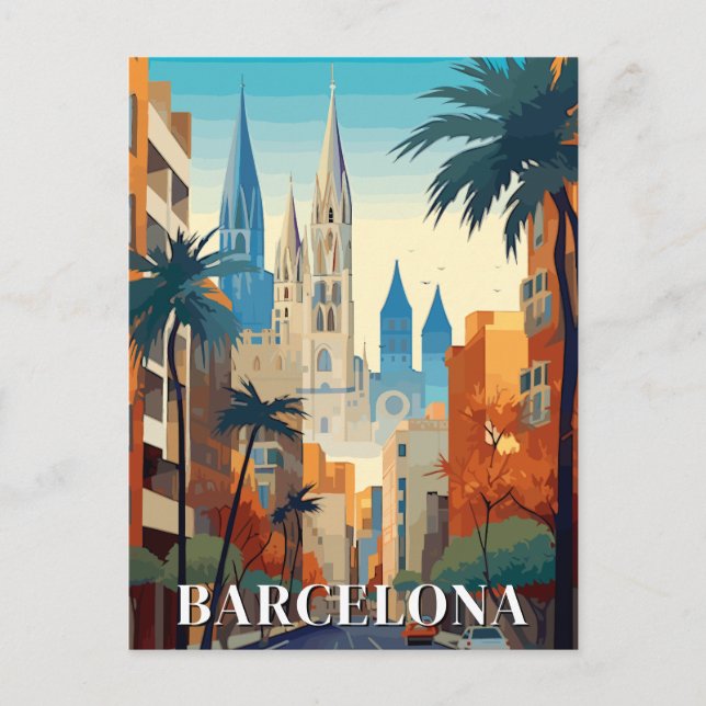 Barcelona, Spain Retro Travel Postcard (Front)
