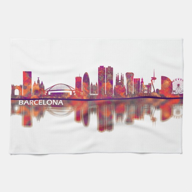 Barcelona Spain Skyline Tea Towel (Horizontal)