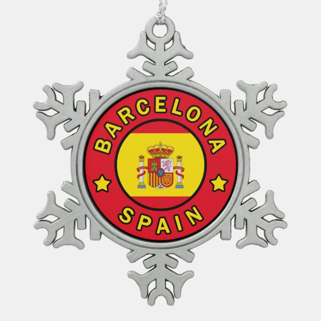 Barcelona Spain Snowflake Pewter Christmas Ornament (Front)