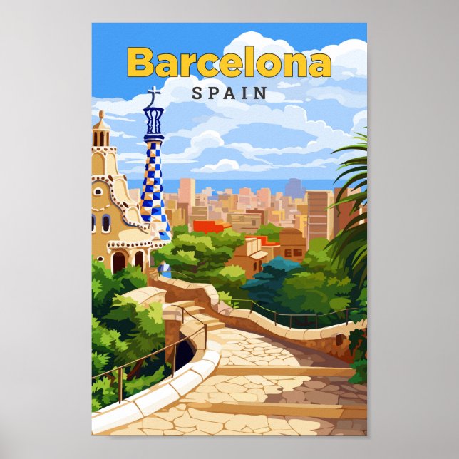 Barcelona Spain Travel Art Vintage Illustration  Poster (Front)