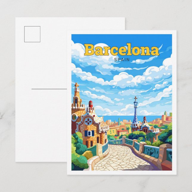 Barcelona Spain Travel Vintage Illustration Postcard (Front/Back)