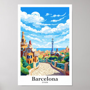 Barcelona Spain Travel Vintage Illustration Poster