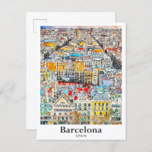 Barcelona Spain Travel Watercolor Hand Drawn Postcard