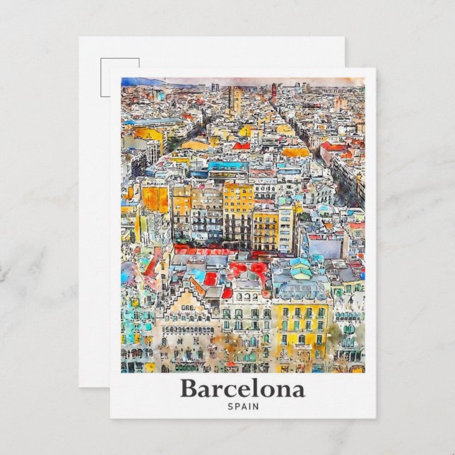 Barcelona Spain Travel Watercolor Hand Drawn Postcard (Front/Back)