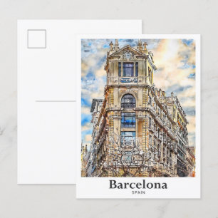 Barcelona Spain Travel Watercolor Hand Drawn Postcard