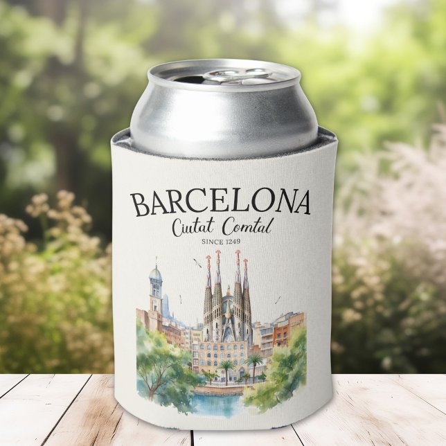 Barcelona Spain Vintage Art Landscape Can Cooler (Creator Uploaded)