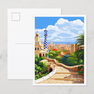 Barcelona Spain vintage travel illustration Postcard